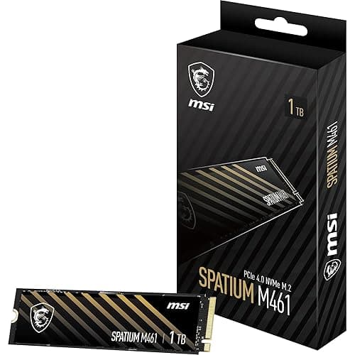 MSI SPATIUM M461 PCIe 4.0 NVMe M.2 1TB - Wewnętrzny dysk SSD PCIe 4x4 NVMe 1.4, odczyt 5000 MB/s i zapis 3200 MB/s, 3D NAND, wbudowane zabezpieczenie danych, MSI Center, 5 lat (250 TBW)