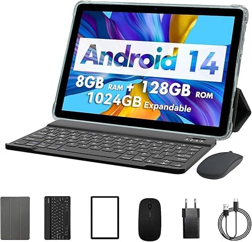 PRITOM 10-calowy tablet z systemem Android 14,3 w 1, 8 GB, 128 GB, z możliwością rozszerzenia do 1024 GB, 8000 mAh, tablet Wi-Fi, procesor Qcta-Core, Wi-Fi 6, Bluetooth, tablet z torbą, klawiaturą