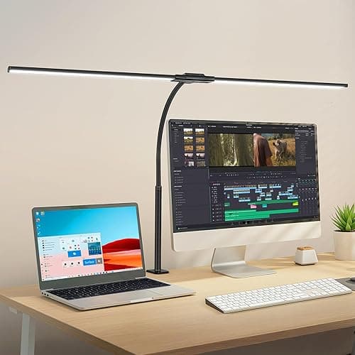 OUTON 85,5 cm Podwójna Głowica LED Lampa Biurkowa – 24W, Dotykowe Sterowanie, Płynna Regulacja Jasności, 5 Temperatura, Timer i Pamięć, Ochrona Oczu Lampa Dzienna Biura i Home Office (Czarna)