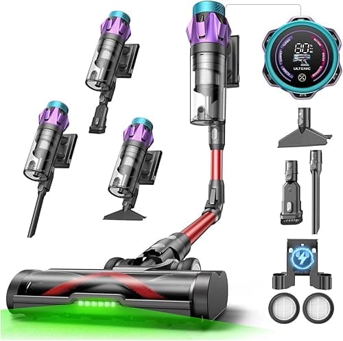 Ultenic Odkurzacz akumulatorowy 55000 Pa/600 W/80 min, 1,6 l, bezprzewodowy odkurzacz z filtracją cyklonową, ekranem dotykowym, szczotką zapobiegającą splątaniu, stacja ładująca na ścianie