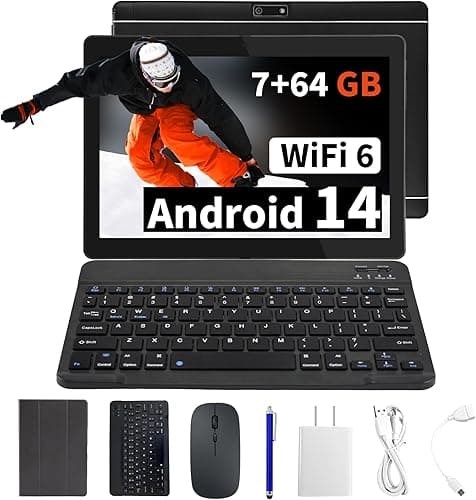 Veidoo Przenośny tablet z systemem Android 2 w 1 z klawiaturą, myszą i rysikiem, tablet 10,1-calowy ekran IPS HD z 7 GB RAM (3 GB+4 GB) 64 GB ROM, z możliwością rozszerzenia do 512 GB, procesor