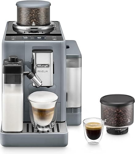 De'Longhi Rivelia EXAM440.55.G, superautomatyczny ekspres do kawy z LatteCrema Hot, automatyczny spieniacz do mleka, kompaktowy rozmiar, 16 przepisów, kolorowy ekran dotykowy, szary