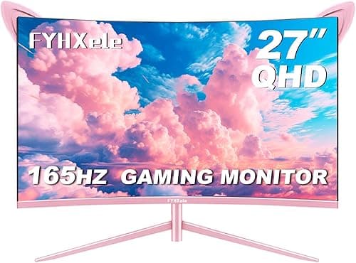 FYHXele 27-calowy zakrzywiony monitor gamingowy, 180 Hz, QHD 2560 x 1440, zakrzywiony ekran 1800R, 1ms, Fast IPS, FreeSync, VA panel 100% sRGB, VESA 100 x 100 mm, HDMI/DP monitor komputerowy - różowy