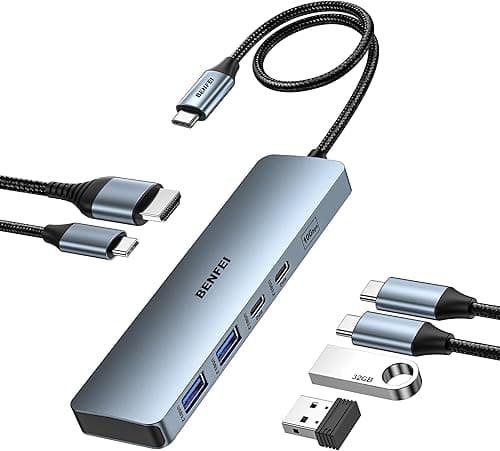 BENFEI USB C HUB 6 w 1 z HDMI (4K@60Hz), zasilanie 100 W, 10 Gb/s 2*USB-A i 2*USB-C, kabel silikonowy, aluminiowa obudowa kompatybilna z iPhonem 15 Pro/Max, MacBookiem, iPadem Pro, iMac, S23, XPS17