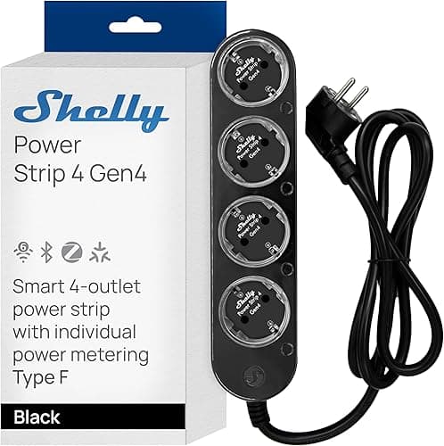 Shelly Listwa zasilająca Power Strip 4 Gen4 czarna – matowa listwa zasilająca Wi-Fi, 4-krotna inteligentna listwa zasilająca, pomiar mocy, 16 A, łącznie 3500 W, programator czasowy, Zigbee, Google