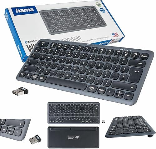 Hama klawiatura bezprzewodowa WK-500 Czarno-szara (polski układ Qwerty, multi-device, Bluetooth, mała, z bateriami, cicha, klawisze multimedialne, na baterie)